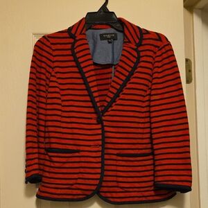 Talbots Red and Navy Striped Knit Blazer with Contrast Trim